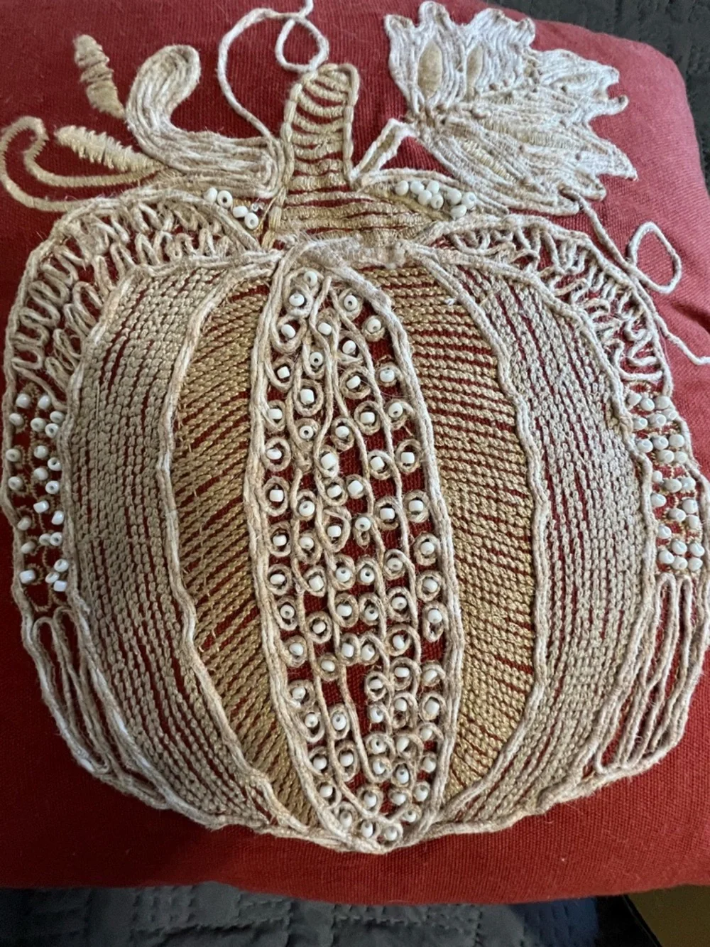 Rust Red Pumpkin Embroidered Accent Pillow